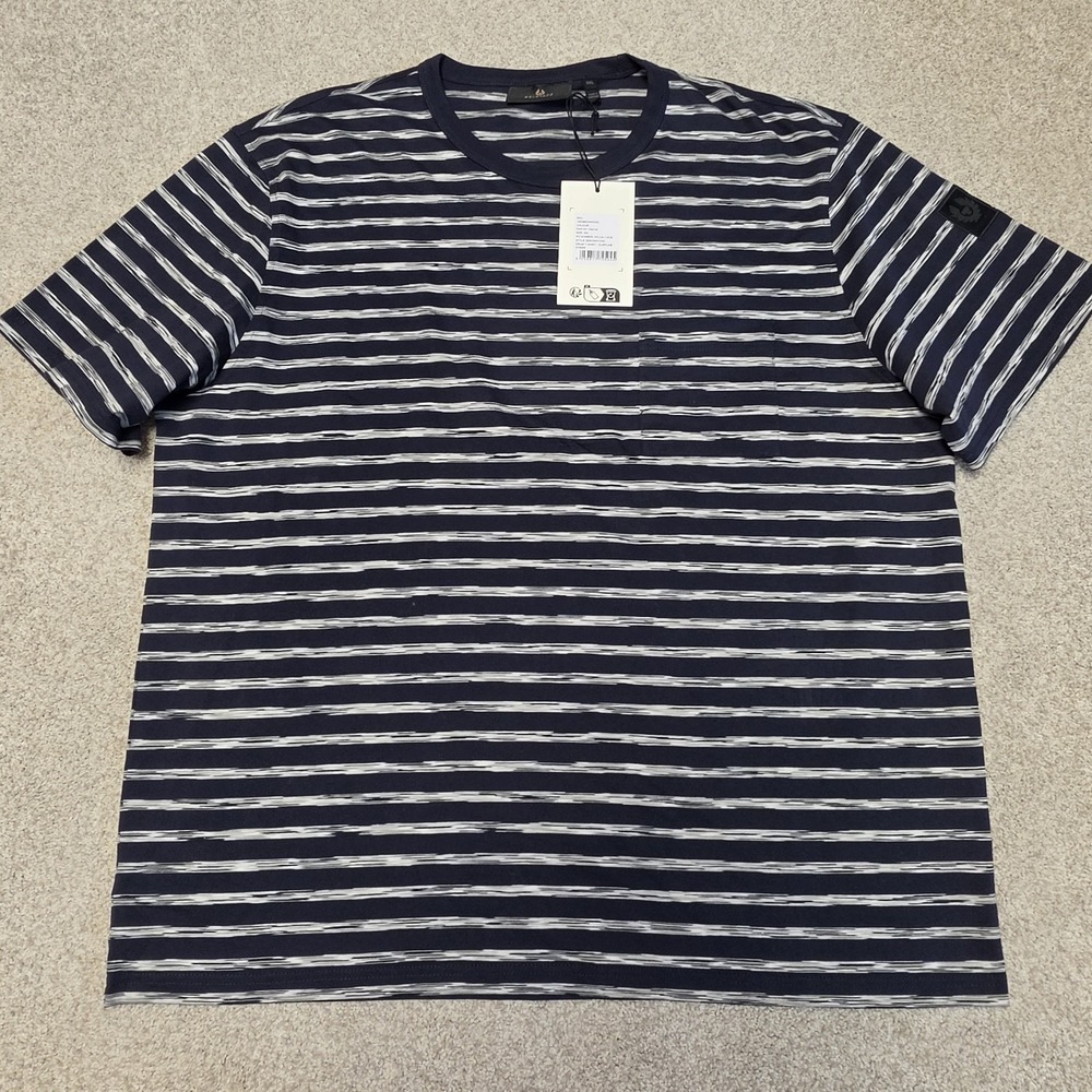 Belstaff Drum Surfline Stripe T-Shirt 3XL Navy White Pocket Cotton NWT Portugal